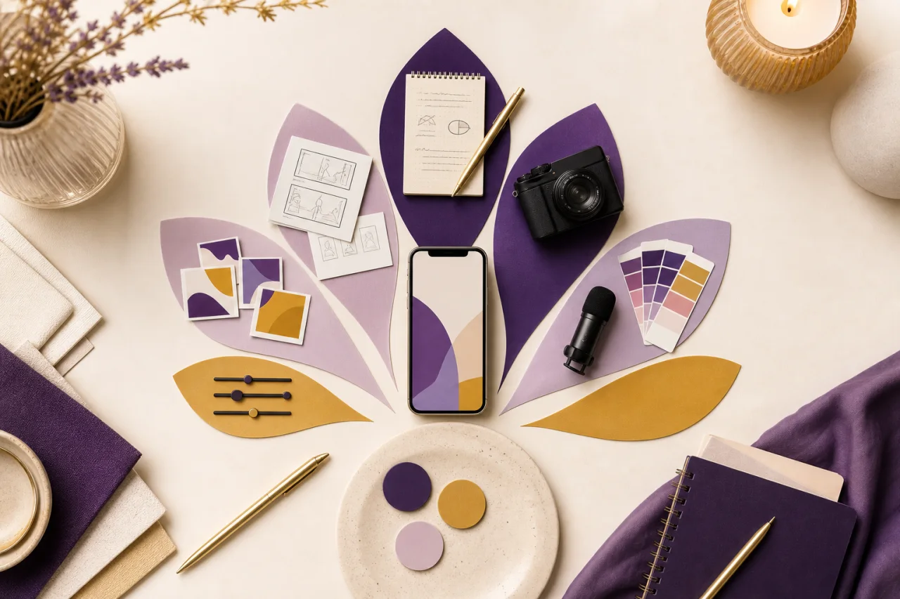 A branded content planning workspace arranged in a lotus-inspired flow
